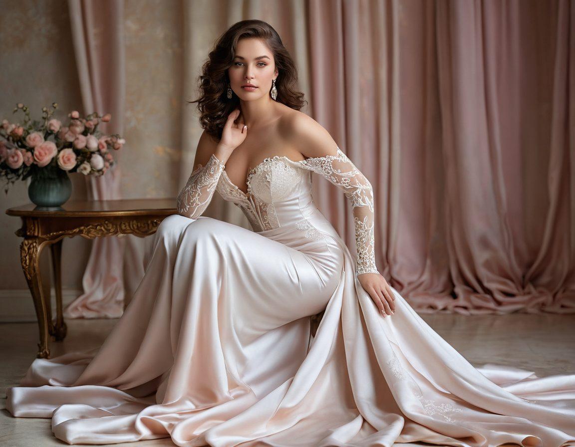 A beautifully lit, empowering figure showcasing curves in an elegant pose, adorned with delicate lace and satin, surrounded by soft, flowing materials that enhance the sense of allure. The background features a dreamy setting with subtle hints of luxurious fabrics, like velvet and silk, in warm, inviting colors. Incorporate a touch of ethereal light reflecting off the figure to signify self-confidence and attraction. artistic, romantic, soft focus, pastel colors, elegant composition.
